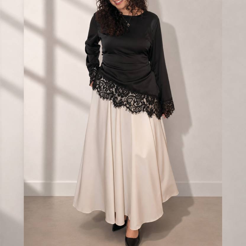 Elegant Lace Satin Top with Flowy Skirt