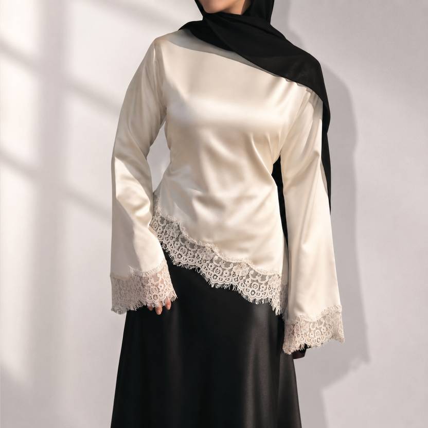 Modest Lace Satin Top (white & black)